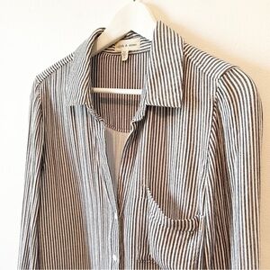 Anthropologie Cloth & Stone Striped Button Down Shirt Frayed Hem Soft - Large